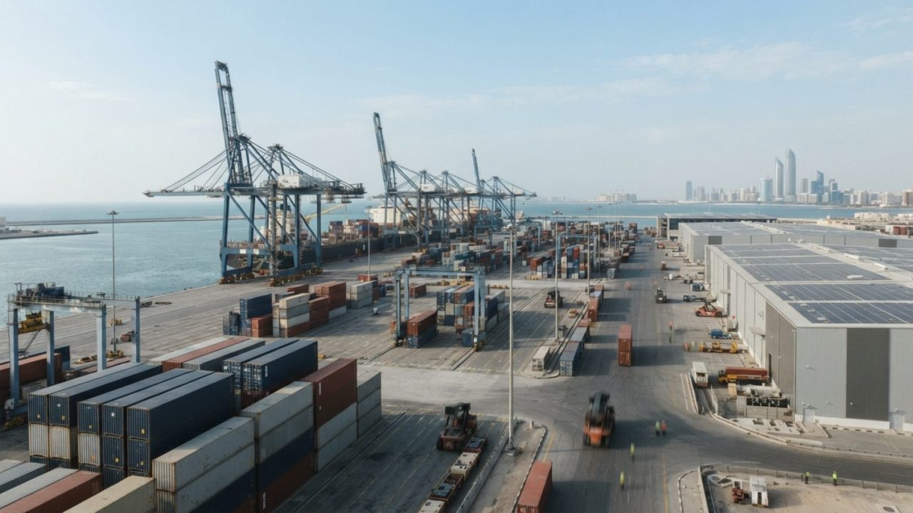 Illustration: An expansive view of an advanced logistics and container port terminal in the Gulf region with smart warehouse facilities and solar pane