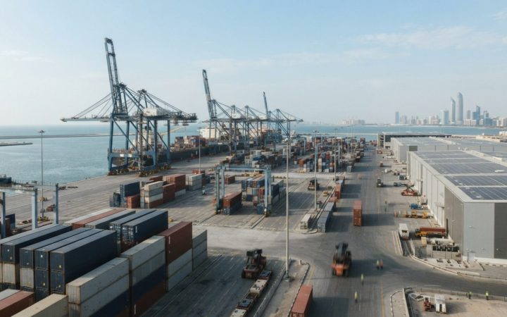 Illustration: An expansive view of an advanced logistics and container port terminal in the Gulf region with smart warehouse facilities and solar pane
