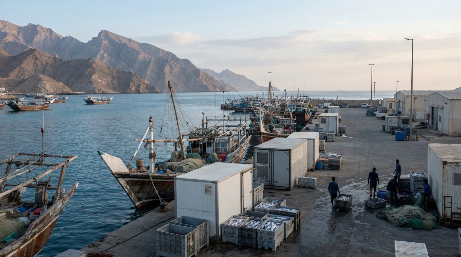 Illustration: A scenic commercial fishing port in Oman during early morning, showing traditional wooden fishing boats alongside modern cold-storage co