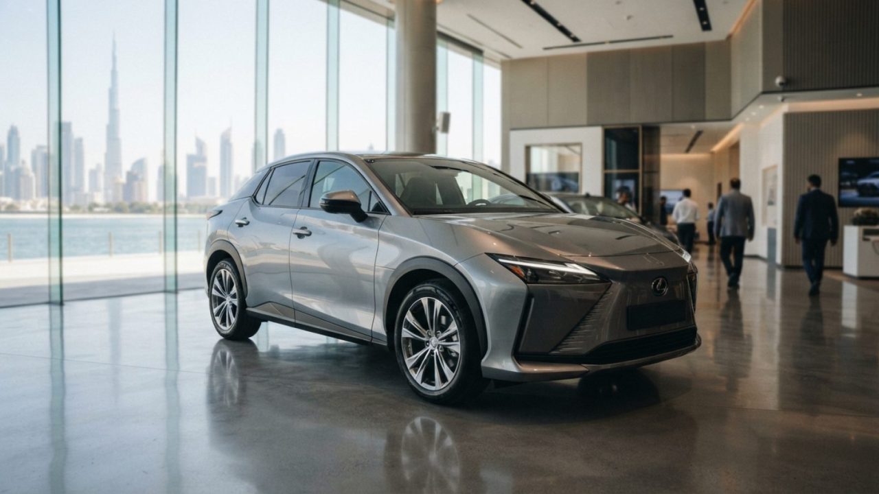 Illustration: A modern new crossover vehicle parked inside a sleek, brightly lit automotive showroom in Dubai, showcasing futuristic aerodynamic styli