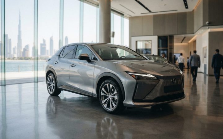 Illustration: A modern new crossover vehicle parked inside a sleek, brightly lit automotive showroom in Dubai, showcasing futuristic aerodynamic styli
