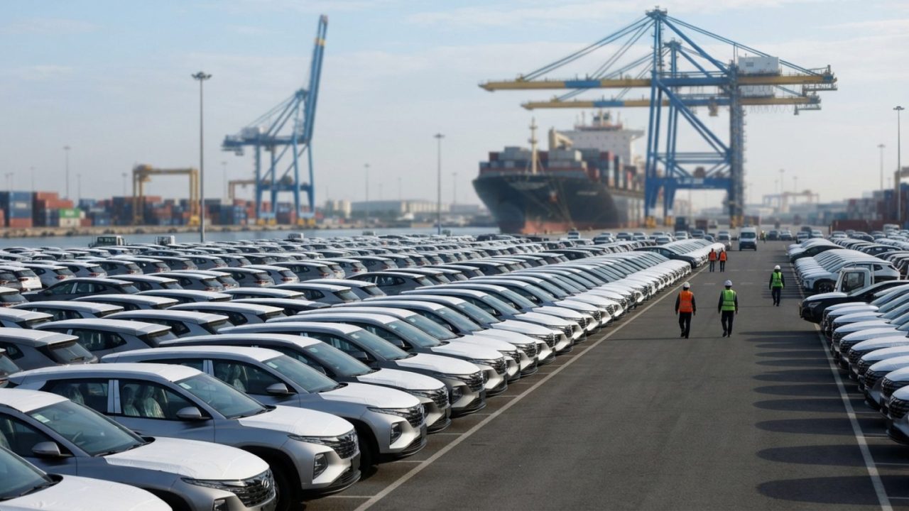 Illustration: A modern vehicle export staging ground at a commercial shipping port, showing rows of newly manufactured crossover SUVs ready for mariti