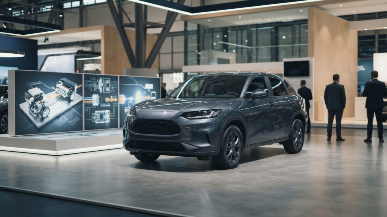Illustration: A modern new crossover vehicle parked on a sleek showroom floor next to an advanced display platform in a high-tech automotive exhibitio