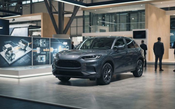Illustration: A modern new crossover vehicle parked on a sleek showroom floor next to an advanced display platform in a high-tech automotive exhibitio