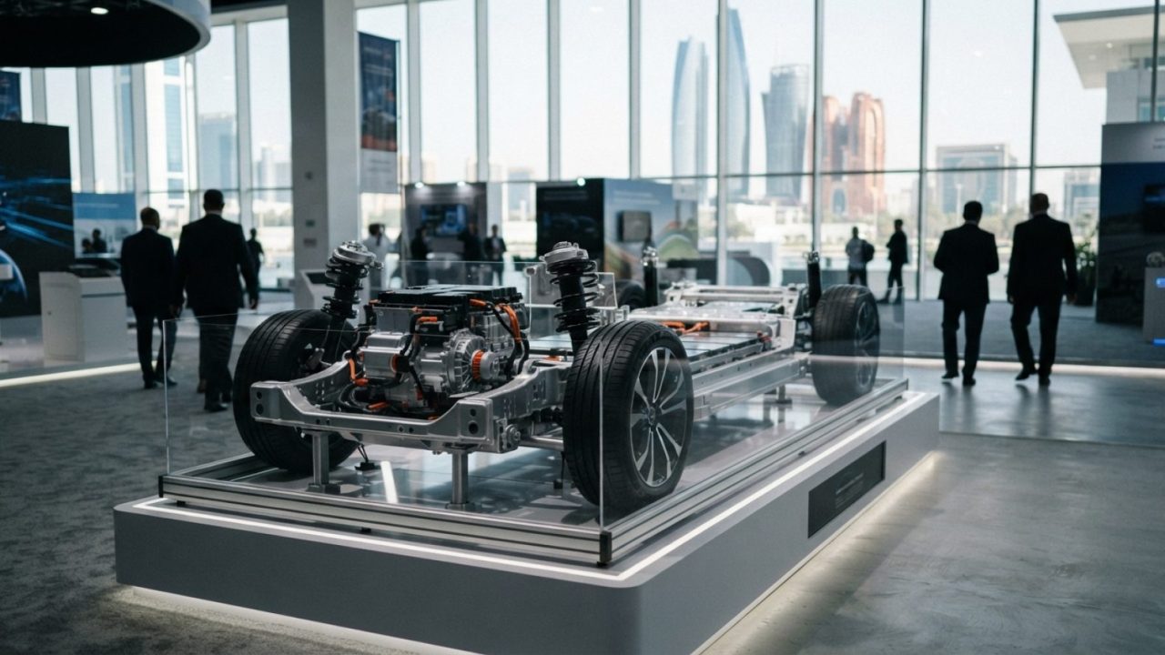 Illustration: A modern new-energy crossover car chassis and hybrid powertrain display in a brightly lit automotive exhibition hall, featuring sleek en