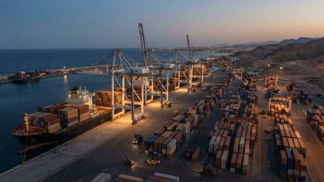 Illustration: A wide aerial view of a busy commercial container shipping terminal on the Red Sea coastline at dusk, showing cargo vessels docked besid