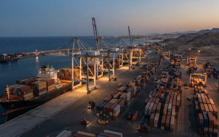 Illustration: A wide aerial view of a busy commercial container shipping terminal on the Red Sea coastline at dusk, showing cargo vessels docked besid