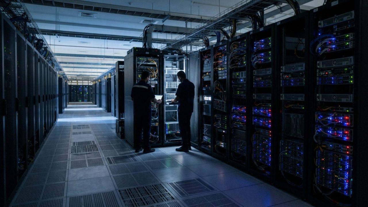 Illustration: A modern data center interior in the UAE with glowing server racks and high-performance GPU computing clusters, captured in clean commer