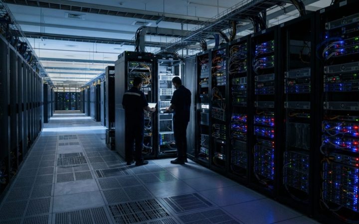 Illustration: A modern data center interior in the UAE with glowing server racks and high-performance GPU computing clusters, captured in clean commer
