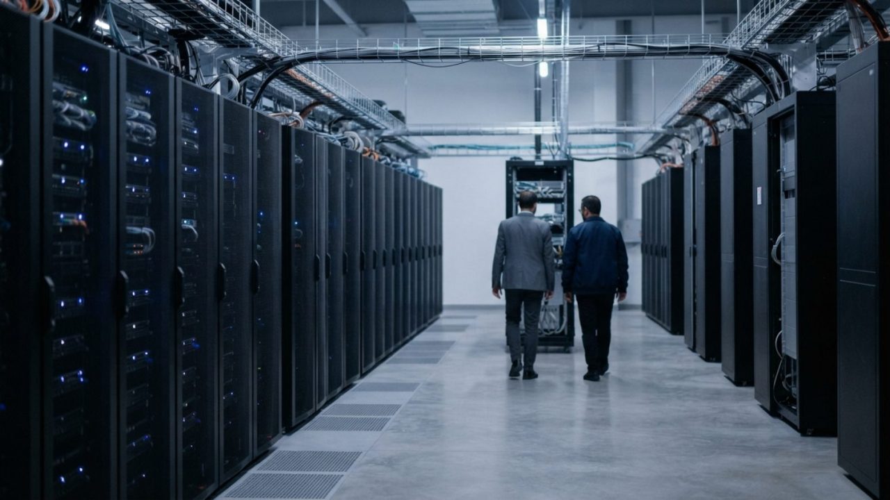 Illustration: A modern high-technology data center interior in Abu Dhabi featuring tall rows of glowing server racks and advanced computing hardware i