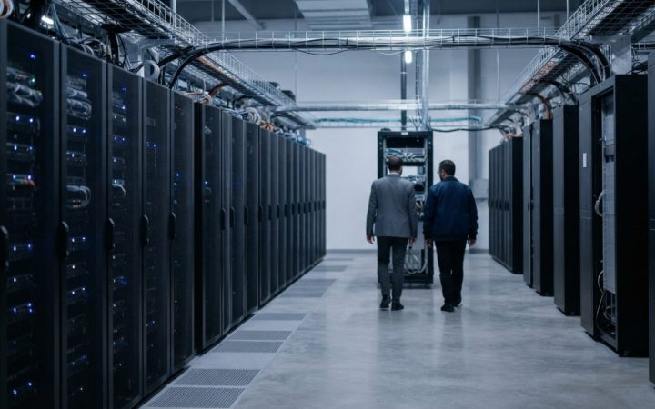 Illustration: A modern high-technology data center interior in Abu Dhabi featuring tall rows of glowing server racks and advanced computing hardware i