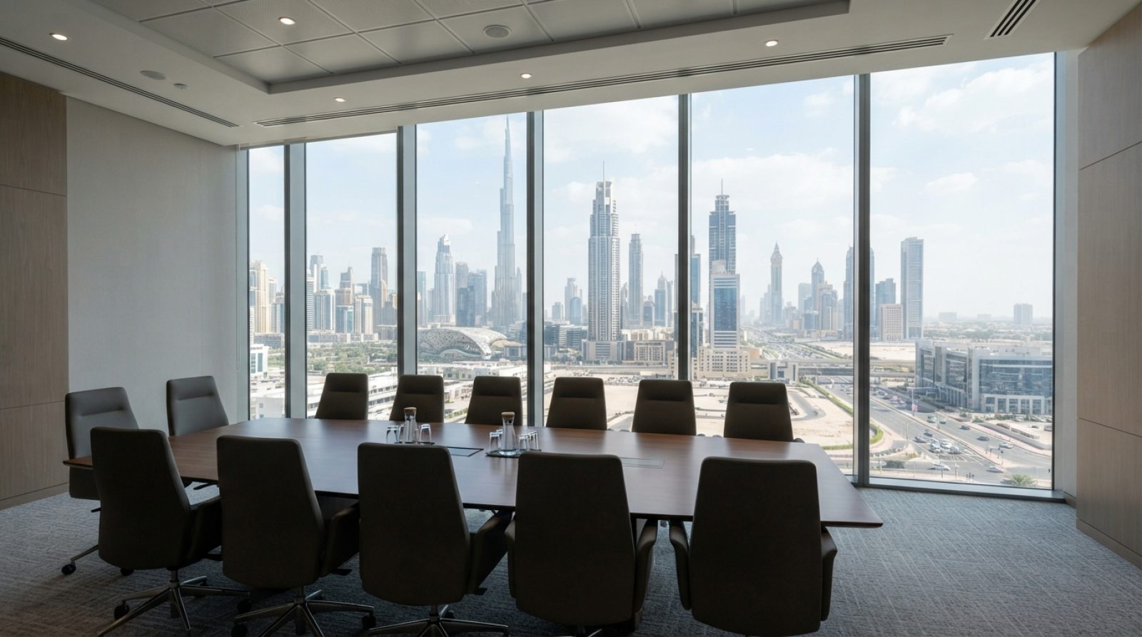 Illustration: A modern corporate office interior in the Dubai financial district during daylight hours, featuring expansive floor-to-ceiling glass win