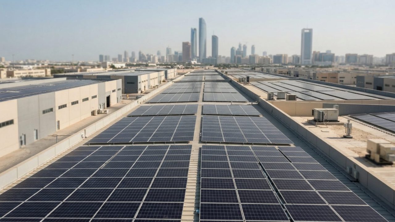 Illustration: Rooftop commercial solar panel installation on modern industrial warehouses in an Abu Dhabi business park, clear daytime lighting, indus