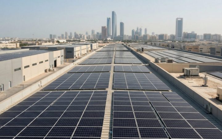 Illustration: Rooftop commercial solar panel installation on modern industrial warehouses in an Abu Dhabi business park, clear daytime lighting, indus