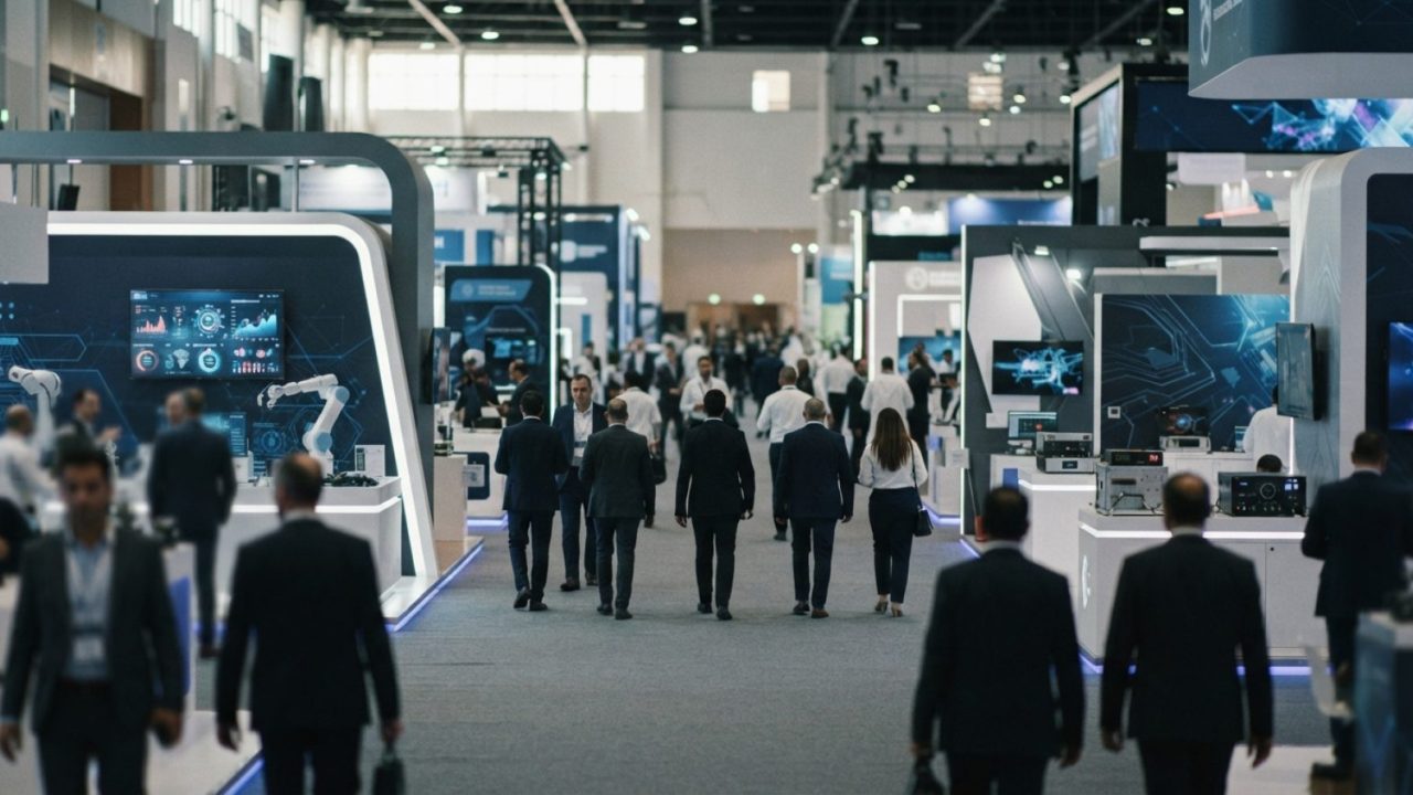 Illustration: A modern, brightly lit exhibition hall at a major technology convention center in Dubai, showing exhibition booths, digital display moni