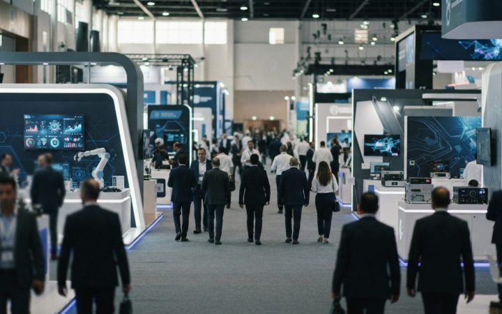 Illustration: A modern, brightly lit exhibition hall at a major technology convention center in Dubai, showing exhibition booths, digital display moni
