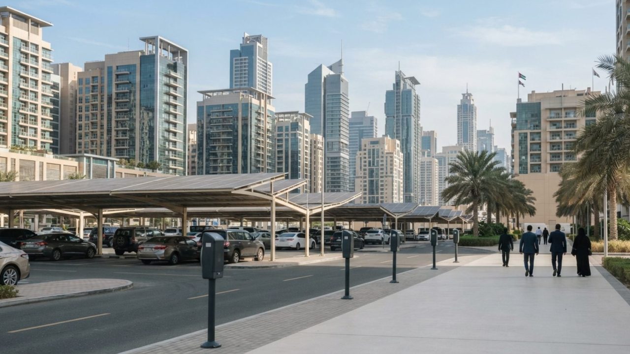 Illustration: A modern commercial and residential district in Dubai with high-rise office towers, paved outdoor public parking lots featuring solar pa