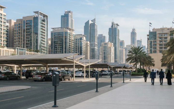 Illustration: A modern commercial and residential district in Dubai with high-rise office towers, paved outdoor public parking lots featuring solar pa