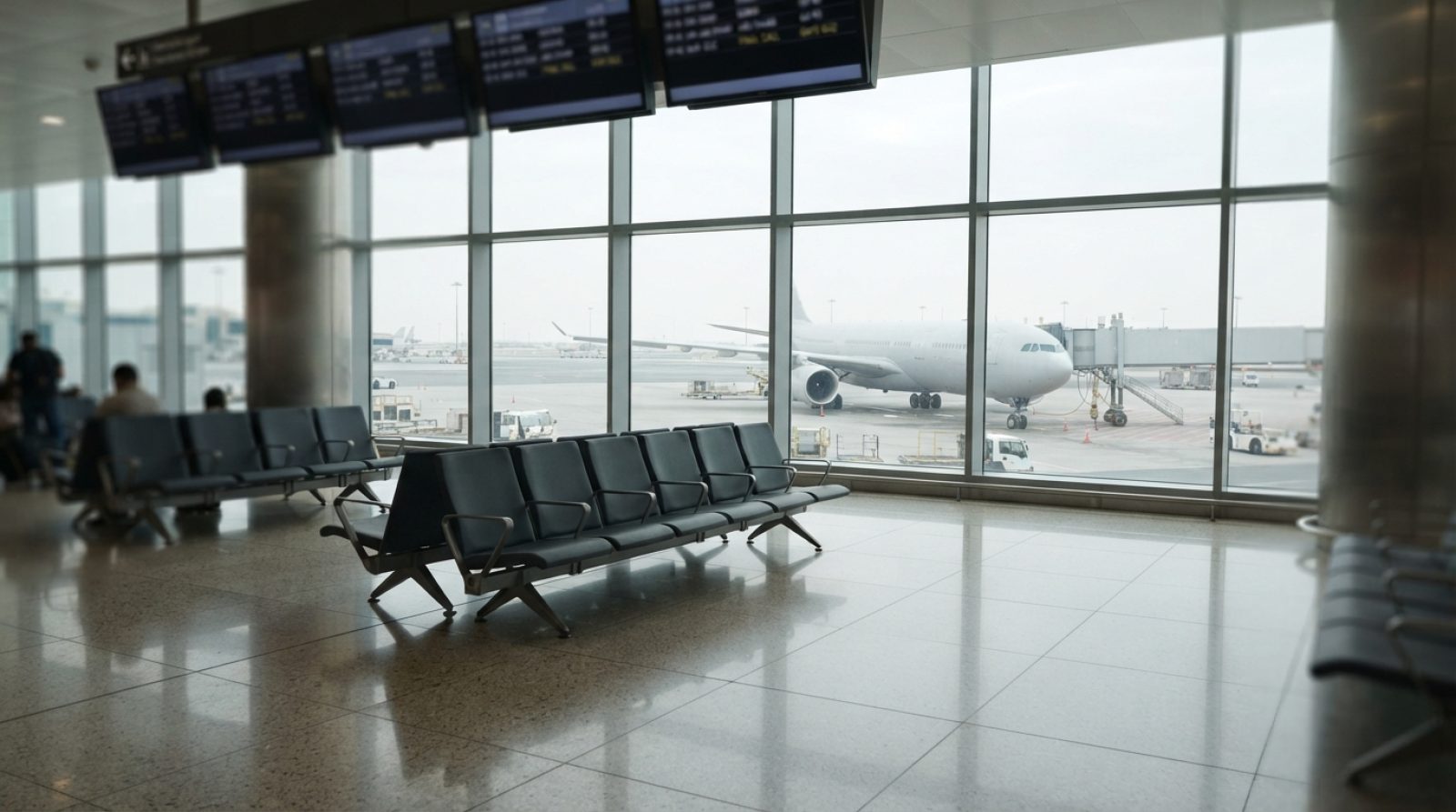 Illustration: A realistic editorial photograph of a modern Middle Eastern airport concourse with seating, large floor-to-ceiling glass windows showing
