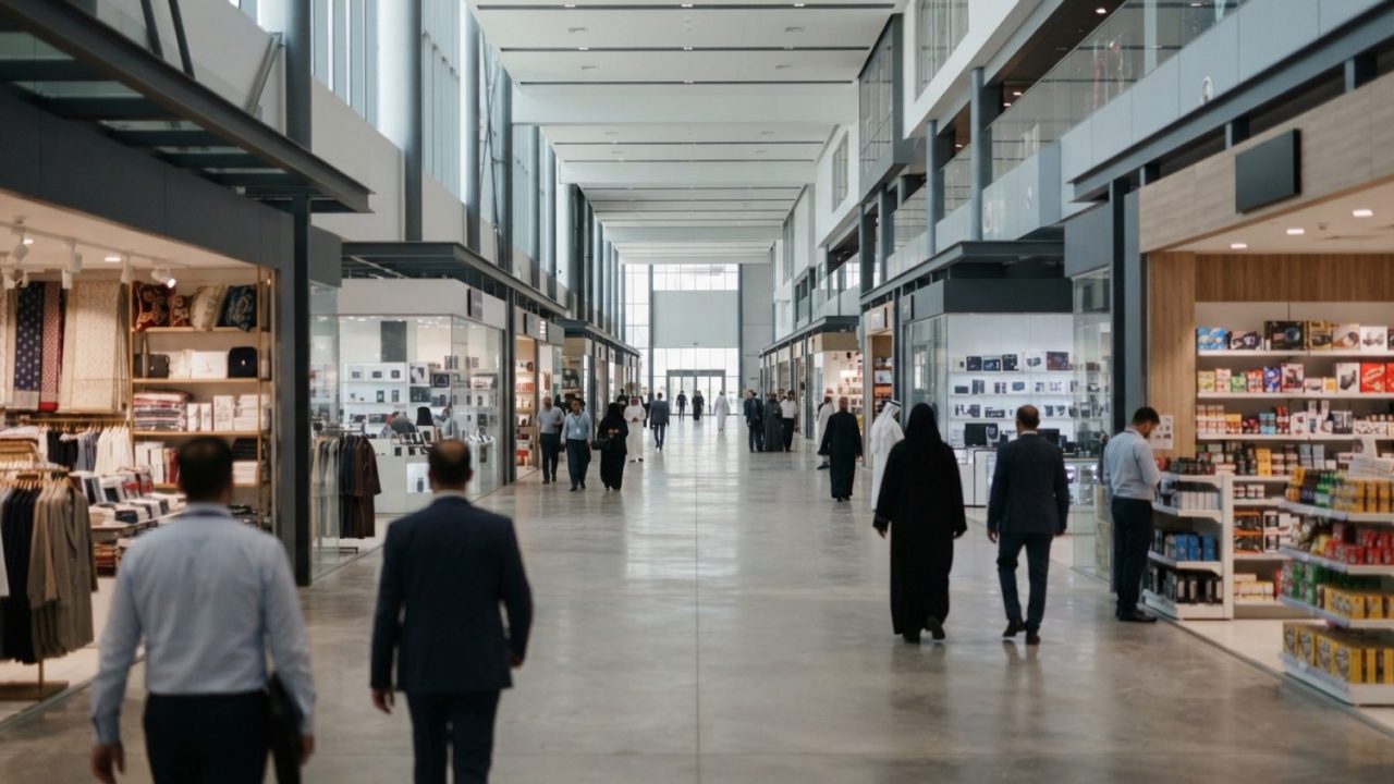 Illustration: A wide interior view of a spacious commercial trading and wholesale pavilion in Dubai, showing modern retail corridors, merchandise disp