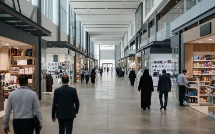 Illustration: A wide interior view of a spacious commercial trading and wholesale pavilion in Dubai, showing modern retail corridors, merchandise disp