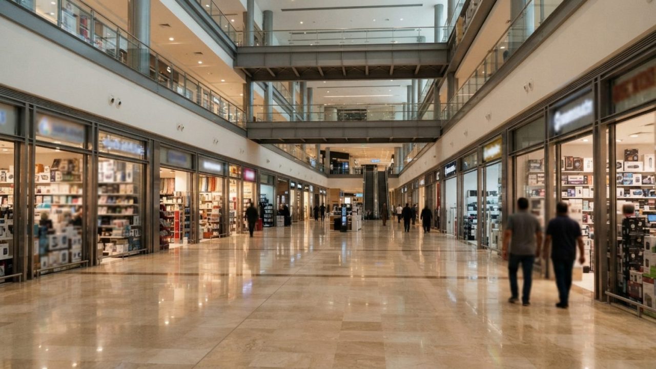 Illustration: A wide interior view of a vast, modern wholesale and retail trade complex with bright corridors, commercial storefronts showcasing home