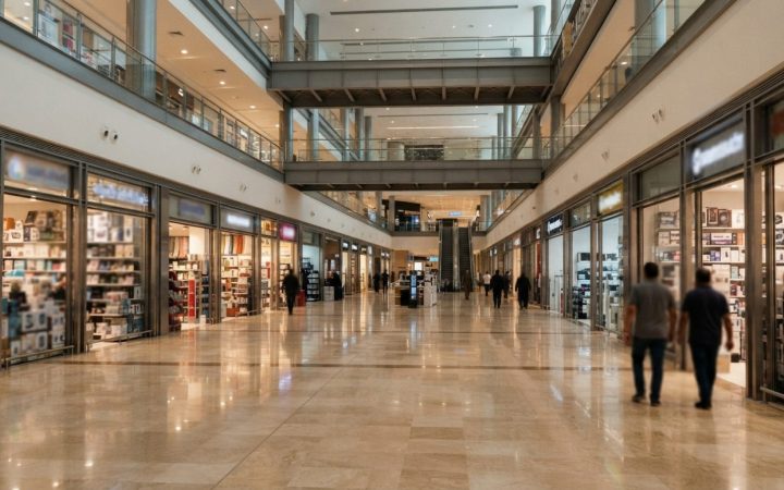 Illustration: A wide interior view of a vast, modern wholesale and retail trade complex with bright corridors, commercial storefronts showcasing home