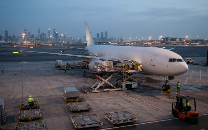 Illustration: Editorial photograph of cargo pallets and air freight containers being loaded onto an air cargo freighter at an airport apron during twi