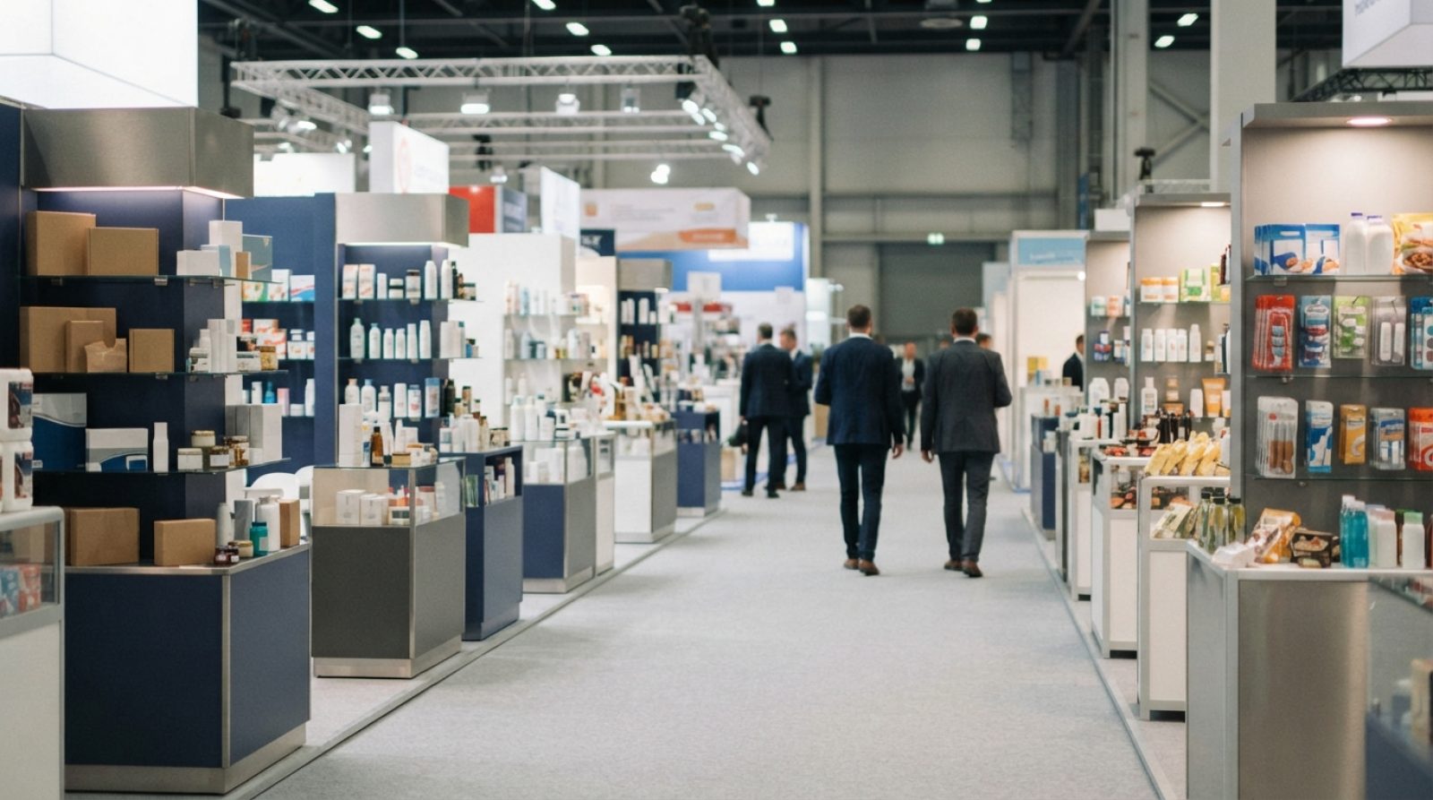 Illustration: A modern exhibition hall with display stands showcasing packaged consumer goods, personal care items, and food products under bright com