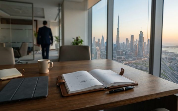 Illustration: A modern corporate office desk in a Dubai high-rise with an open calendar planner, fountain pen, and tablet on a wooden surface overlook