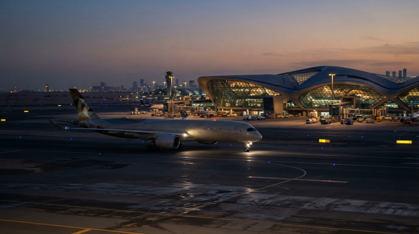 Illustration: A modern wide-body passenger aircraft taxiing on an airport runway at dusk in a Gulf desert airport, with sleek terminal architecture an