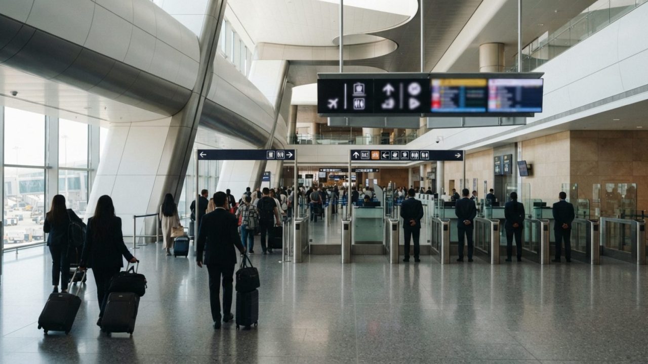 Illustration: Editorial photograph of the modern departures and arrivals concourse at Hamad International Airport in Doha, Qatar, showing internationa