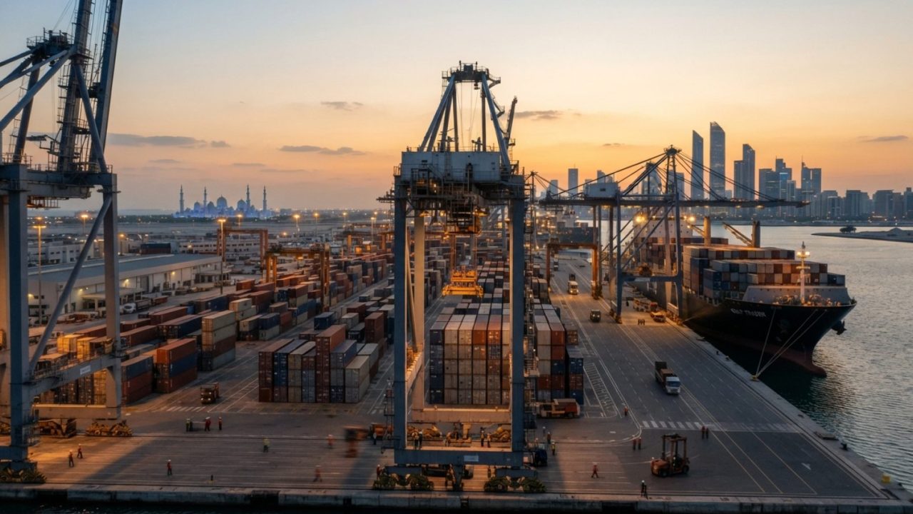 Illustration: A modern commercial container terminal and logistics hub in the Gulf featuring cargo cranes, shipping containers, and transport vessels