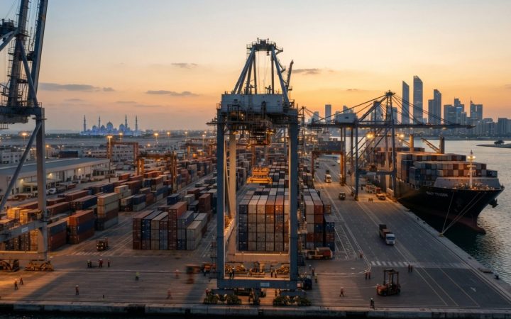 Illustration: A modern commercial container terminal and logistics hub in the Gulf featuring cargo cranes, shipping containers, and transport vessels