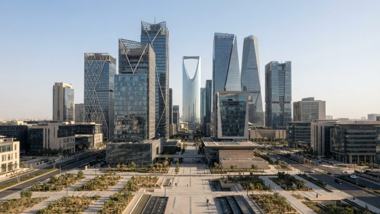 Illustration: An architectural wide shot of a modern financial center in Riyadh featuring reflective glass and steel towers under clear daylight, clea