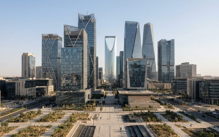 Illustration: An architectural wide shot of a modern financial center in Riyadh featuring reflective glass and steel towers under clear daylight, clea