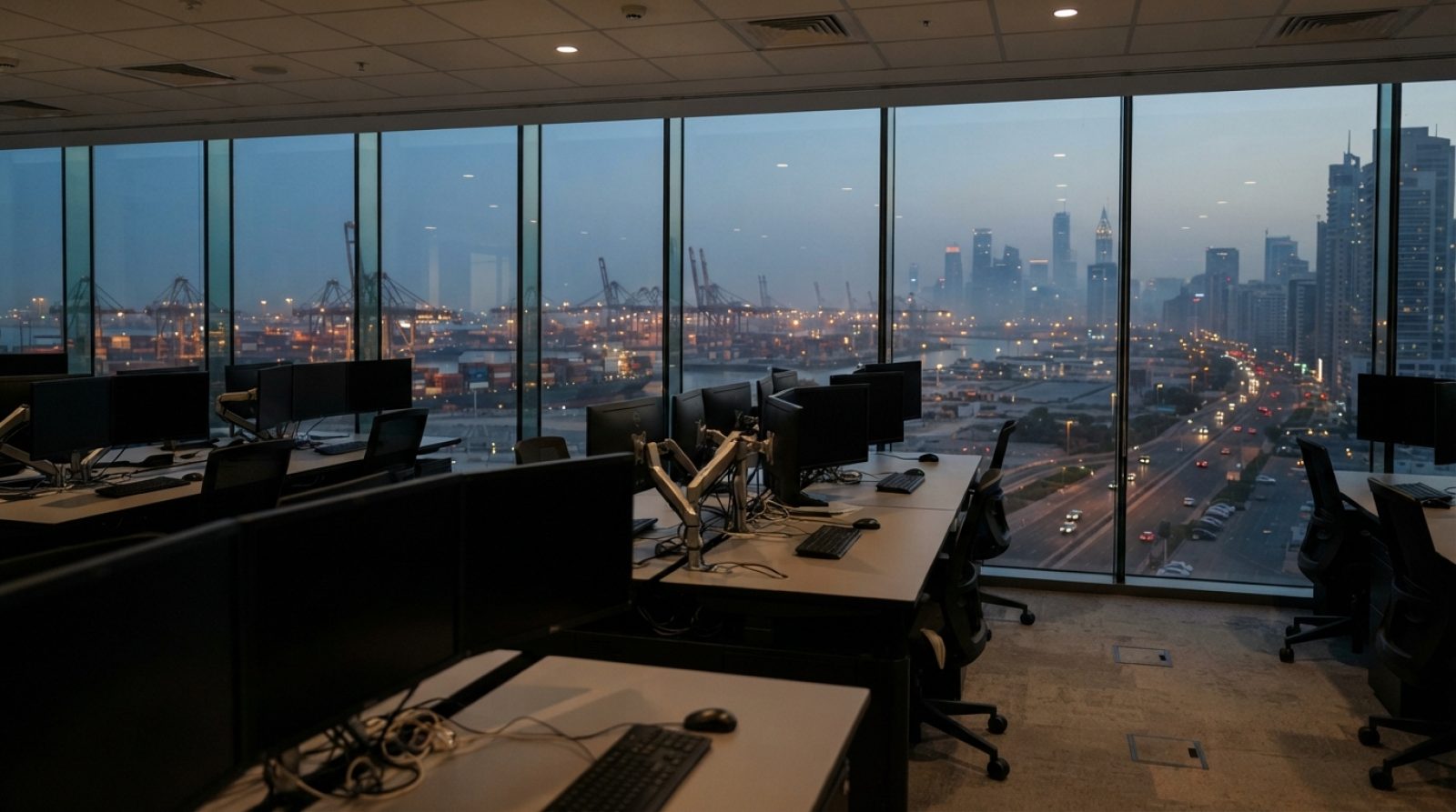 Illustration: Editorial photograph of empty corporate desks and modern computer monitors in a trading floor office, with floor-to-ceiling windows show