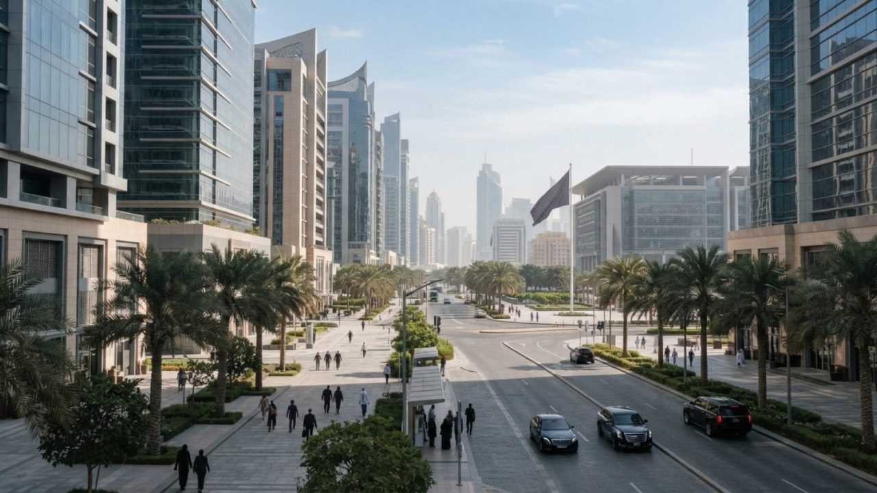 Illustration: Modern urban financial district with sleek office towers and tree-lined boulevards under clear daytime sky, depicting a bustling interna