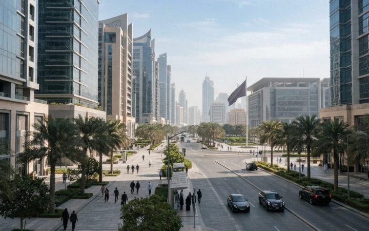 Illustration: Modern urban financial district with sleek office towers and tree-lined boulevards under clear daytime sky, depicting a bustling interna