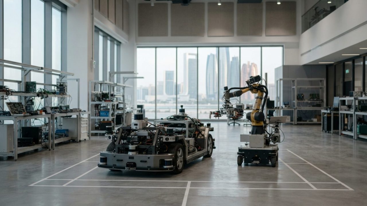 Illustration: Editorial photograph of a sleek modern high-tech research facility interior showing autonomous mobility components and robotics demonstr
