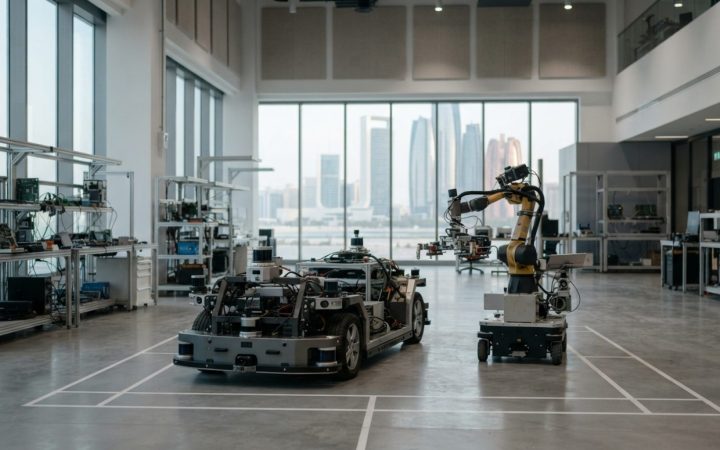 Illustration: Editorial photograph of a sleek modern high-tech research facility interior showing autonomous mobility components and robotics demonstr