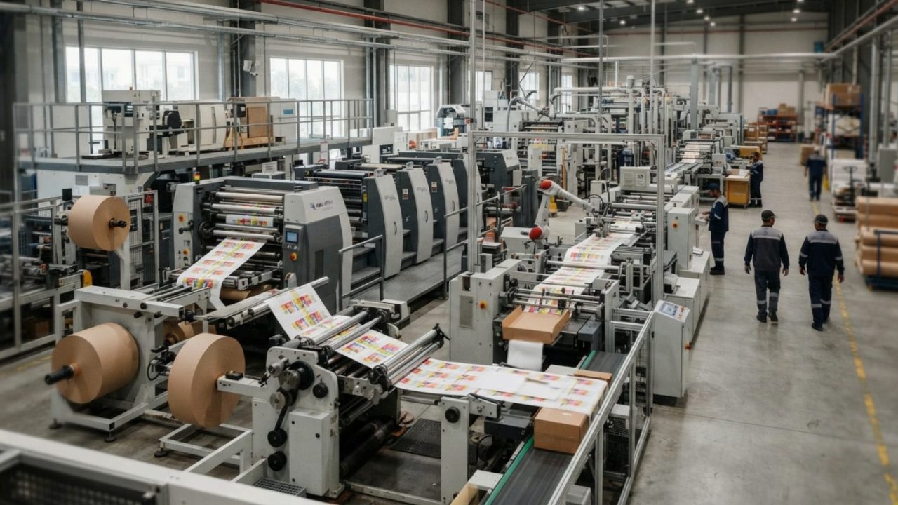 Illustration: A modern automated industrial packaging and container manufacturing facility, featuring advanced high-speed printing machinery, paperboa