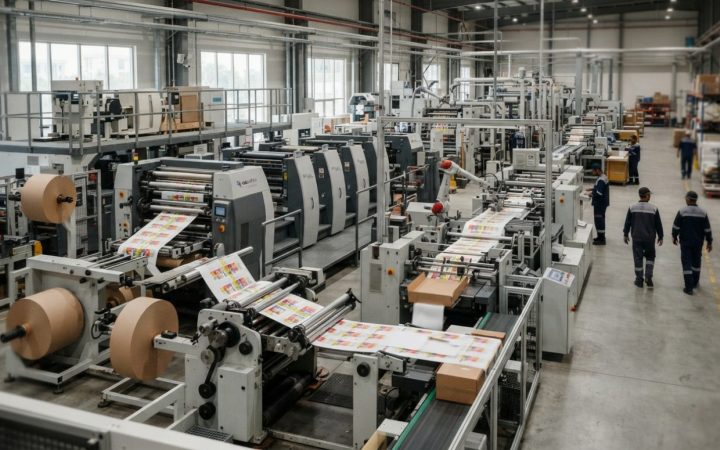 Illustration: A modern automated industrial packaging and container manufacturing facility, featuring advanced high-speed printing machinery, paperboa