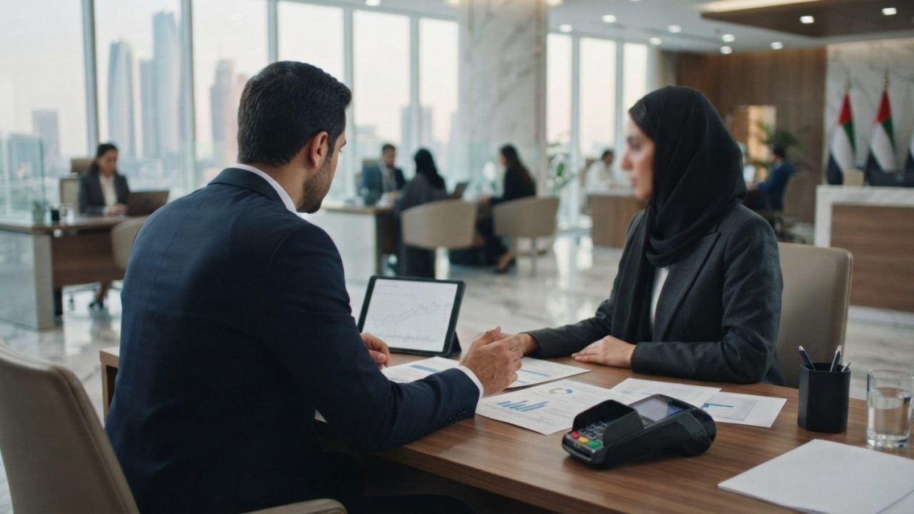Illustration: A modern commercial banking hall and corporate financial office in the United Arab Emirates, showing business professionals consulting a