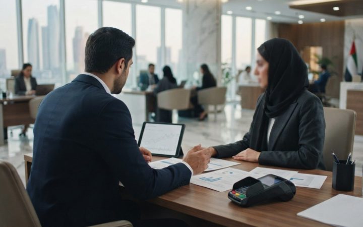 Illustration: A modern commercial banking hall and corporate financial office in the United Arab Emirates, showing business professionals consulting a