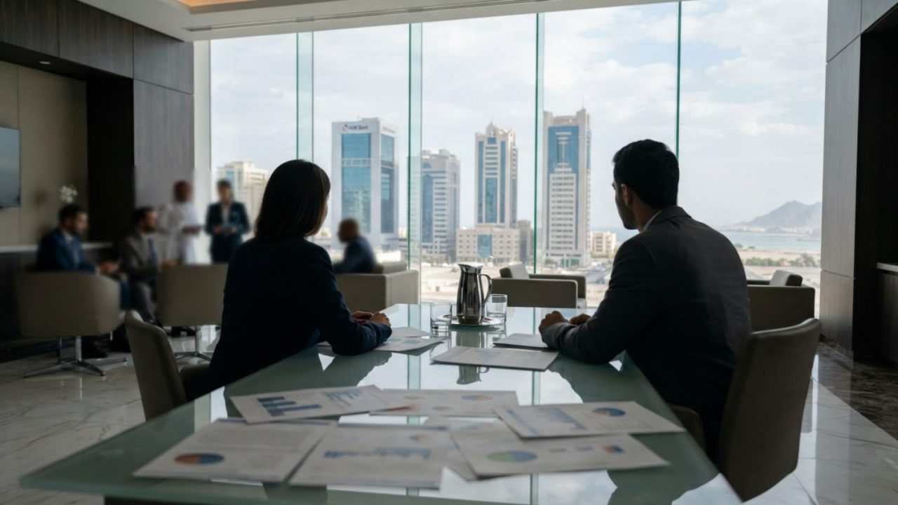 Illustration: A modern bank branch office and corporate financial district in Ras Al Khaimah with international business documents on a glass table an
