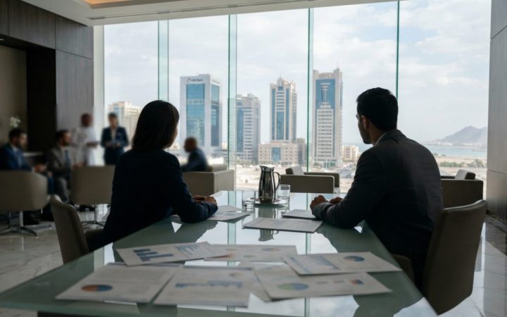 Illustration: A modern bank branch office and corporate financial district in Ras Al Khaimah with international business documents on a glass table an