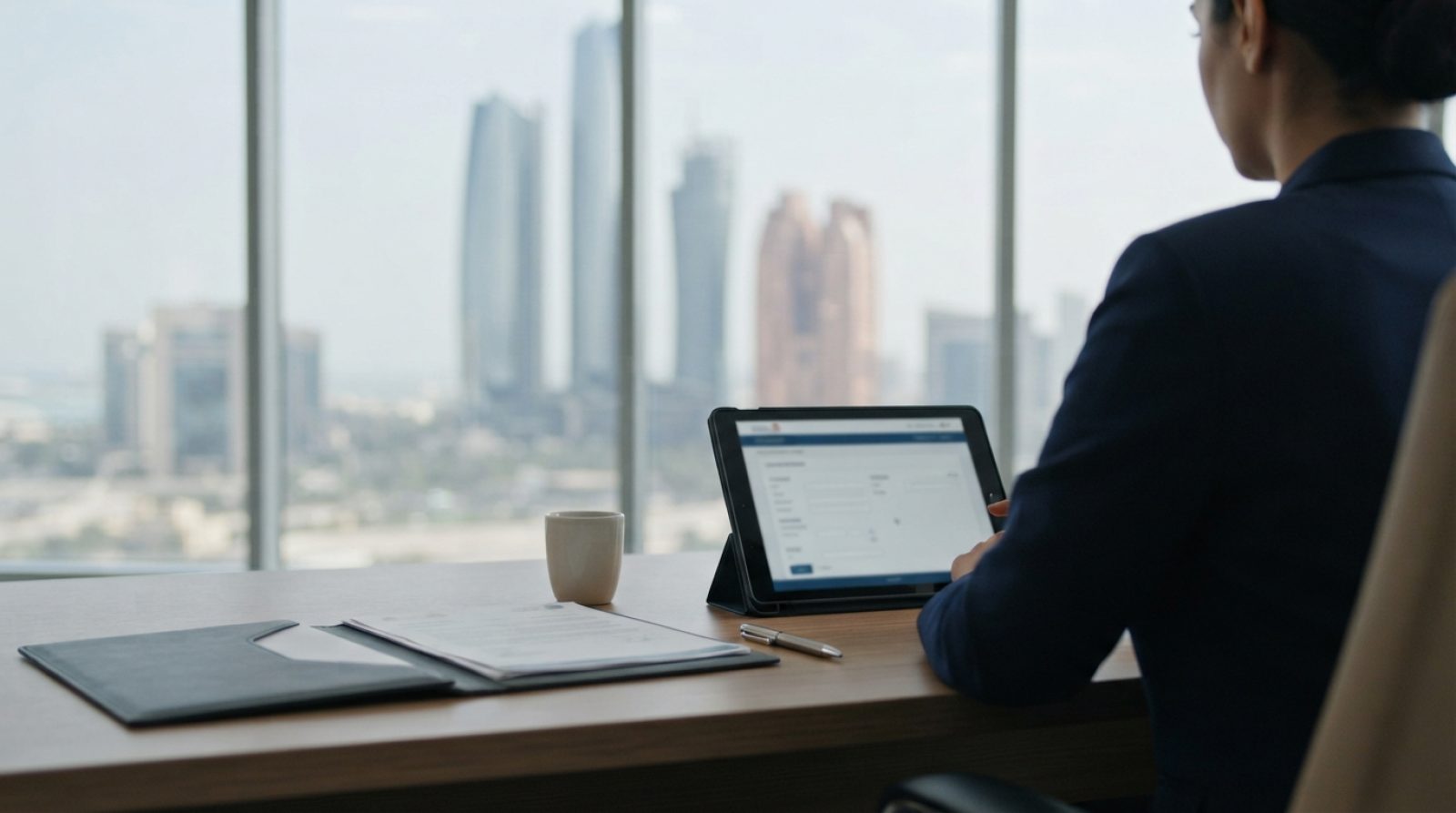 Illustration: A modern bank branch office desk in the United Arab Emirates with a tablet showing corporate digital banking forms, a pen, and an opened