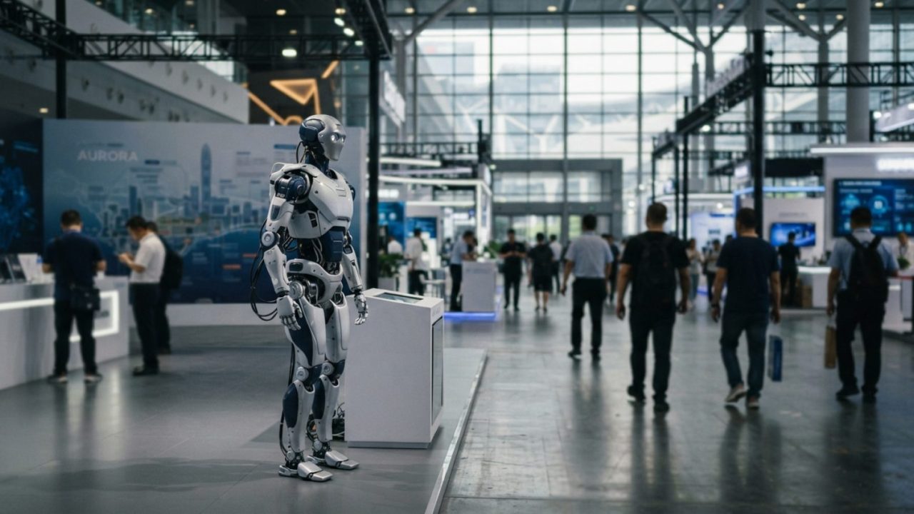 Illustration: Futuristic humanoid robotic system standing inside a modern technology exhibition hall in Shenzhen, clean architectural lines and ambien