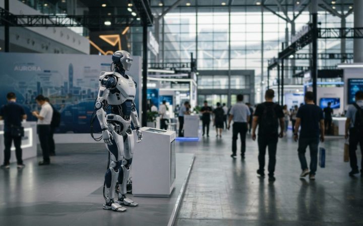 Illustration: Futuristic humanoid robotic system standing inside a modern technology exhibition hall in Shenzhen, clean architectural lines and ambien
